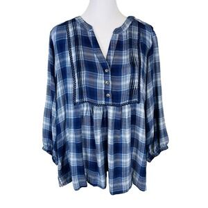 Old Navy Woman's Blouse Size XL Blue Plaid Babydoll Farm Chore Country Western